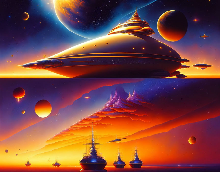 Futuristic sci-fi illustration of massive spaceships above a city