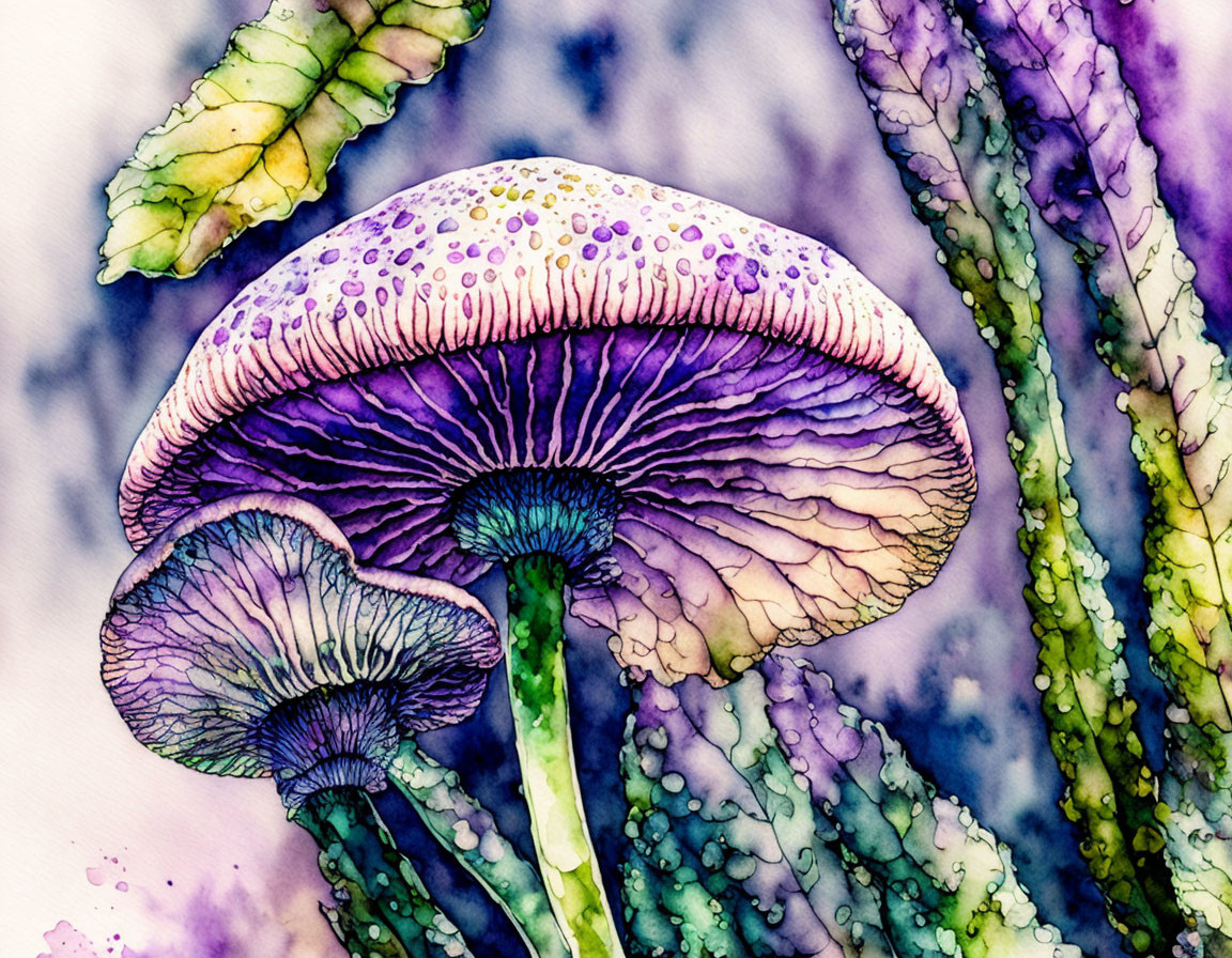 Detailed Watercolor Painting of Purple Mushrooms in Green Foliage