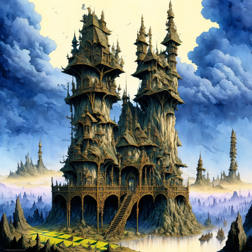 Fantasy castle with towers and turrets by reflective water