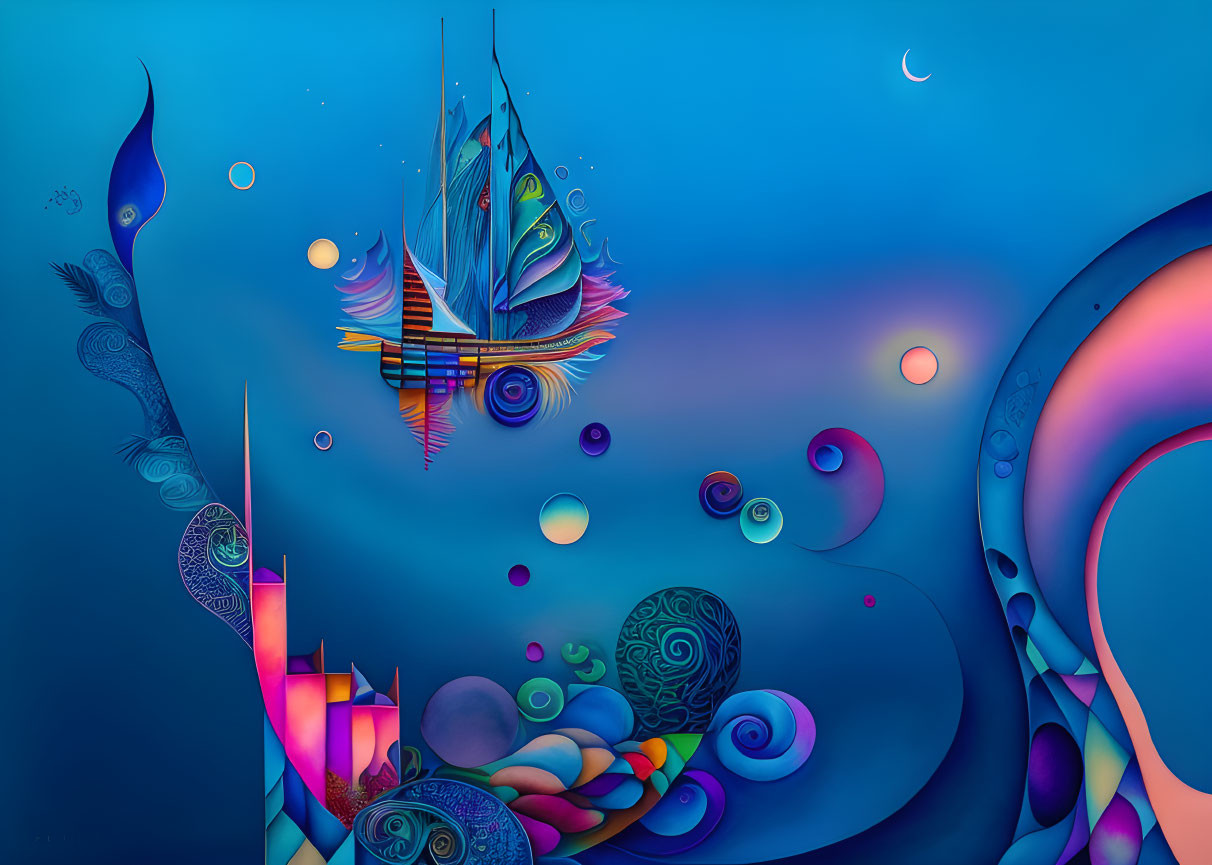 Colorful Abstract Digital Artwork: Sailboat on Fantastical Ocean