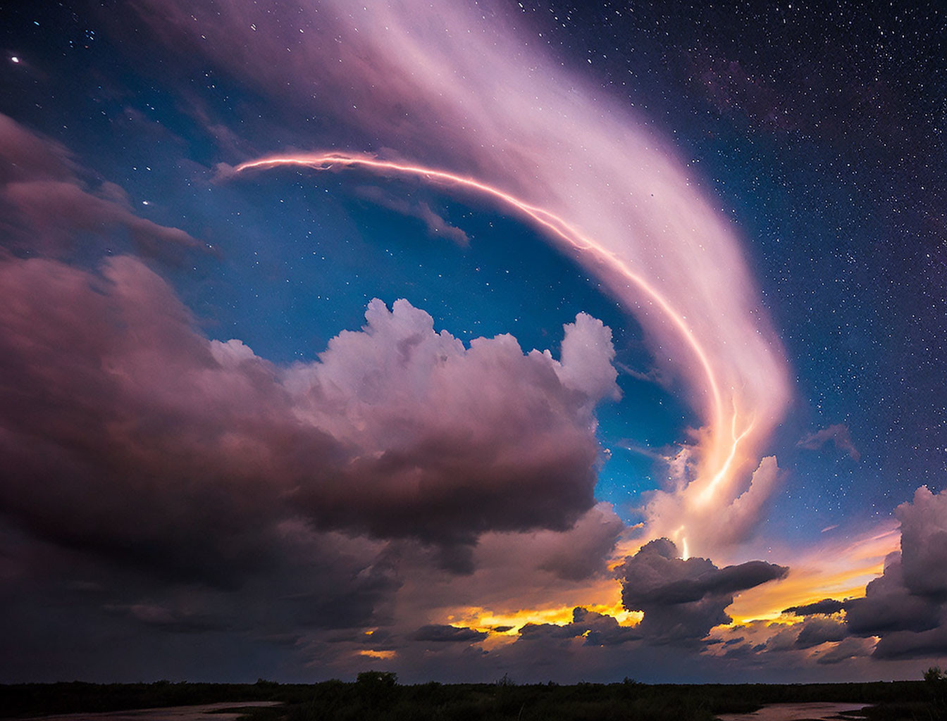 Dramatic glowing arc of clouds in starry night sky