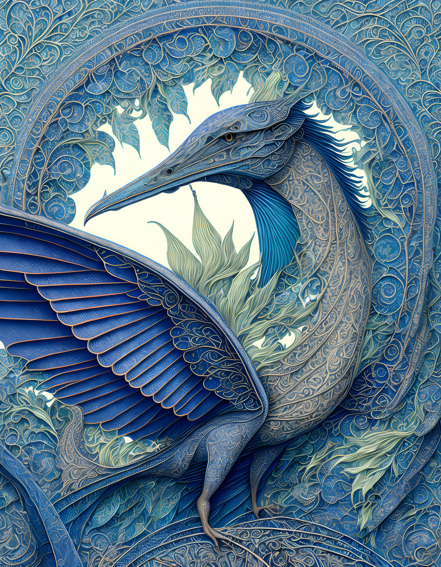 Detailed Stylized Blue Bird with Ornate Circular Designs