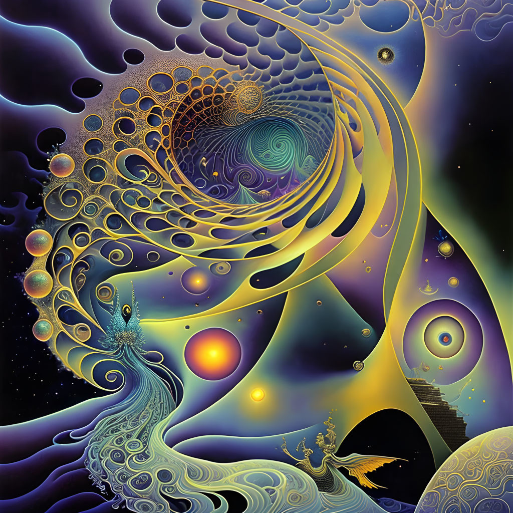 Colorful surreal artwork: cosmic landscape, swirling patterns, glowing orbs, detailed figure merging with spiral motif