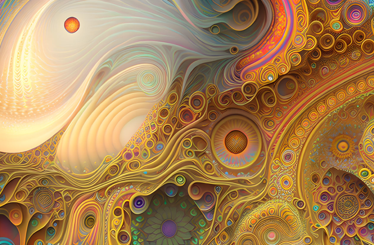 Colorful Fractal Image with Swirling Patterns in Warm and Cool Tones