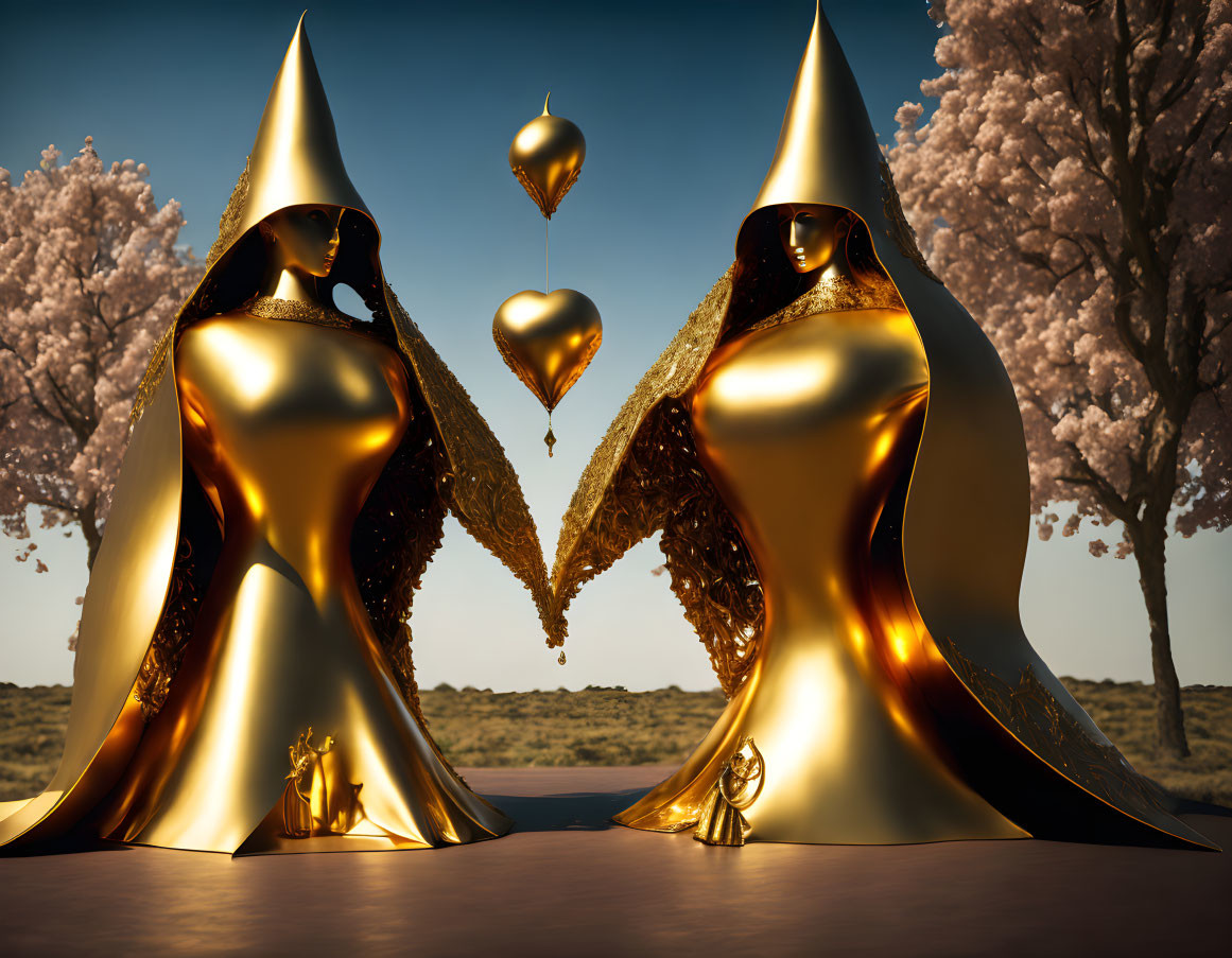 Abstract golden humanoid figures under tree-lined sky with heart balloon