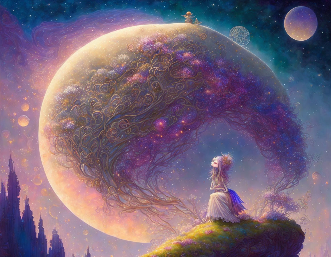 Person sitting under cosmic tree with moon and planets in starry sky