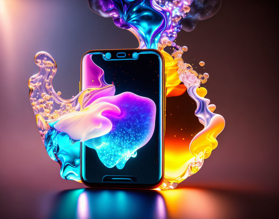 Colorful Liquid Splashes Flowing from Smartphone Screen on Gradient Background