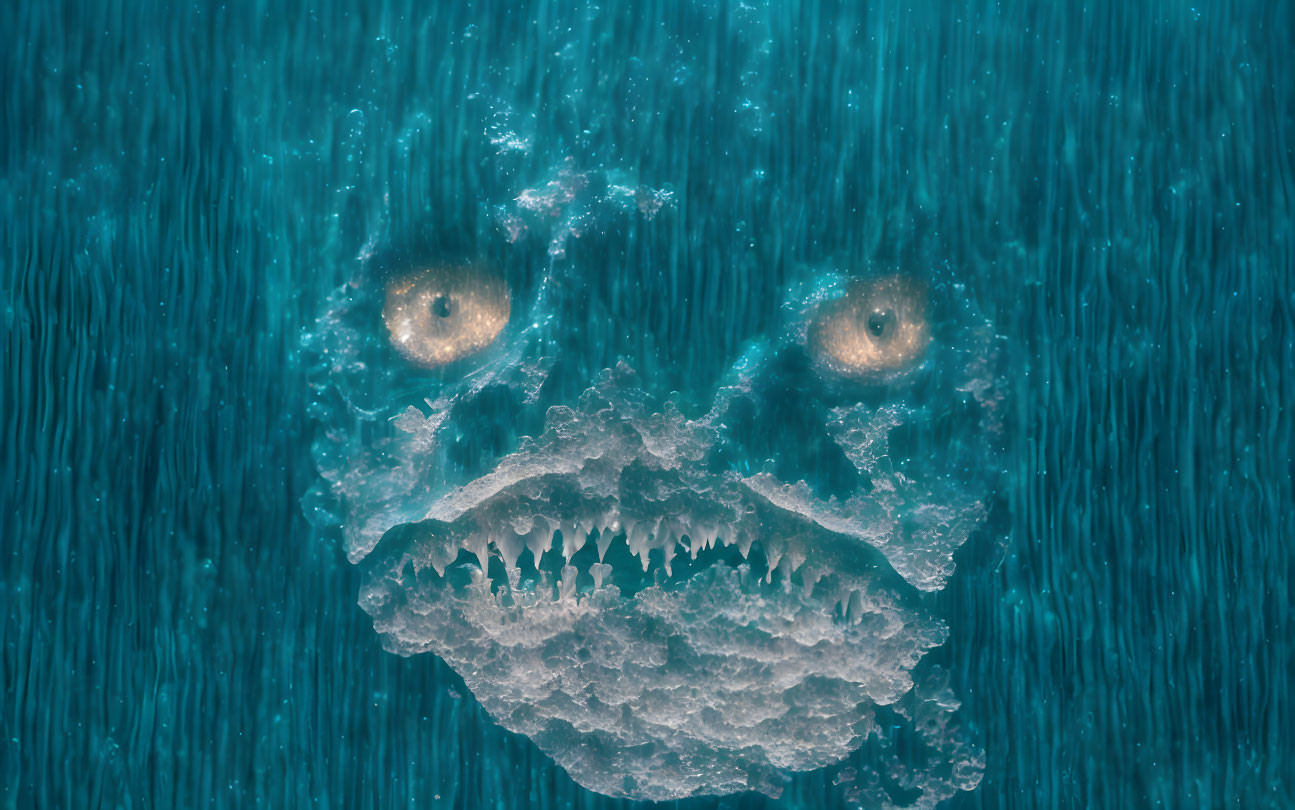 Surreal image of monstrous face in blue water streaks