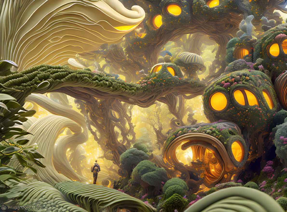 Surreal landscape with lone figure and giant mushroom-like structures