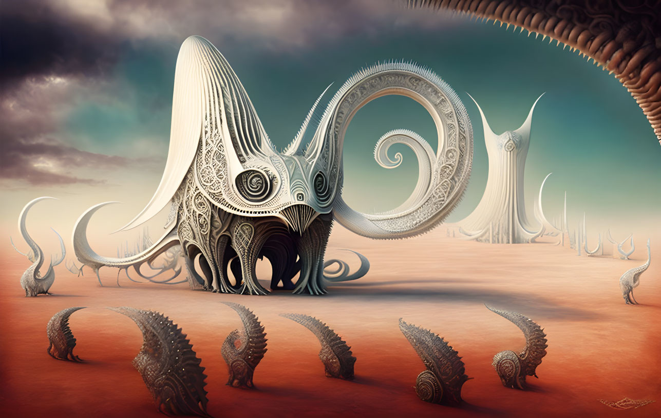 Abstract surreal desert landscape with ornate shell and tentacle structures.