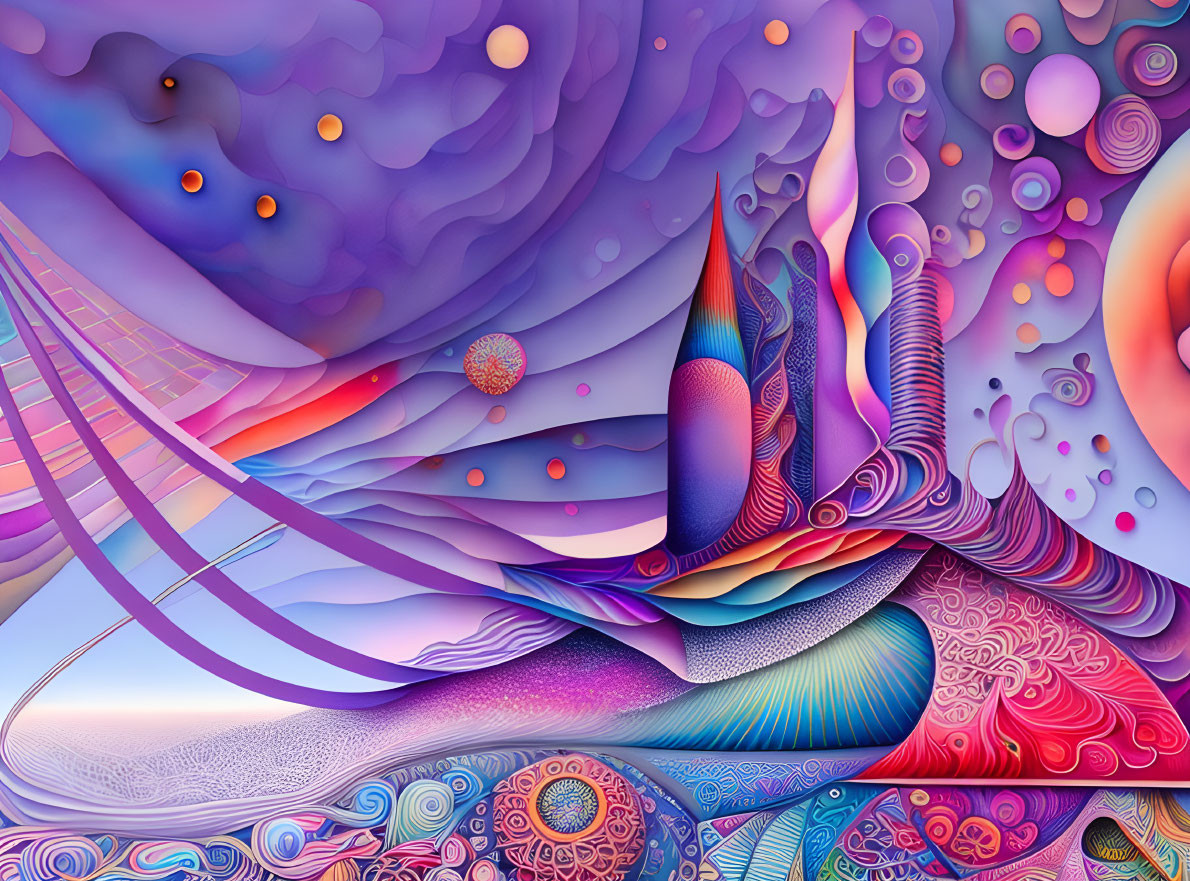 Colorful digital artwork with undulating shapes and intricate patterns