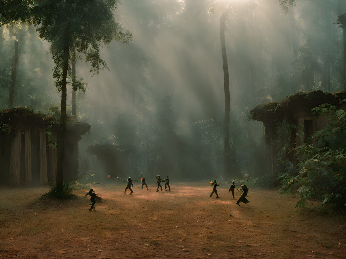 Children playing in misty forest under sunlight rays