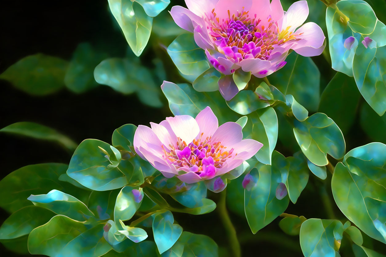 Vibrant pink flowers with yellow stamens on dark background and lush green leaves.