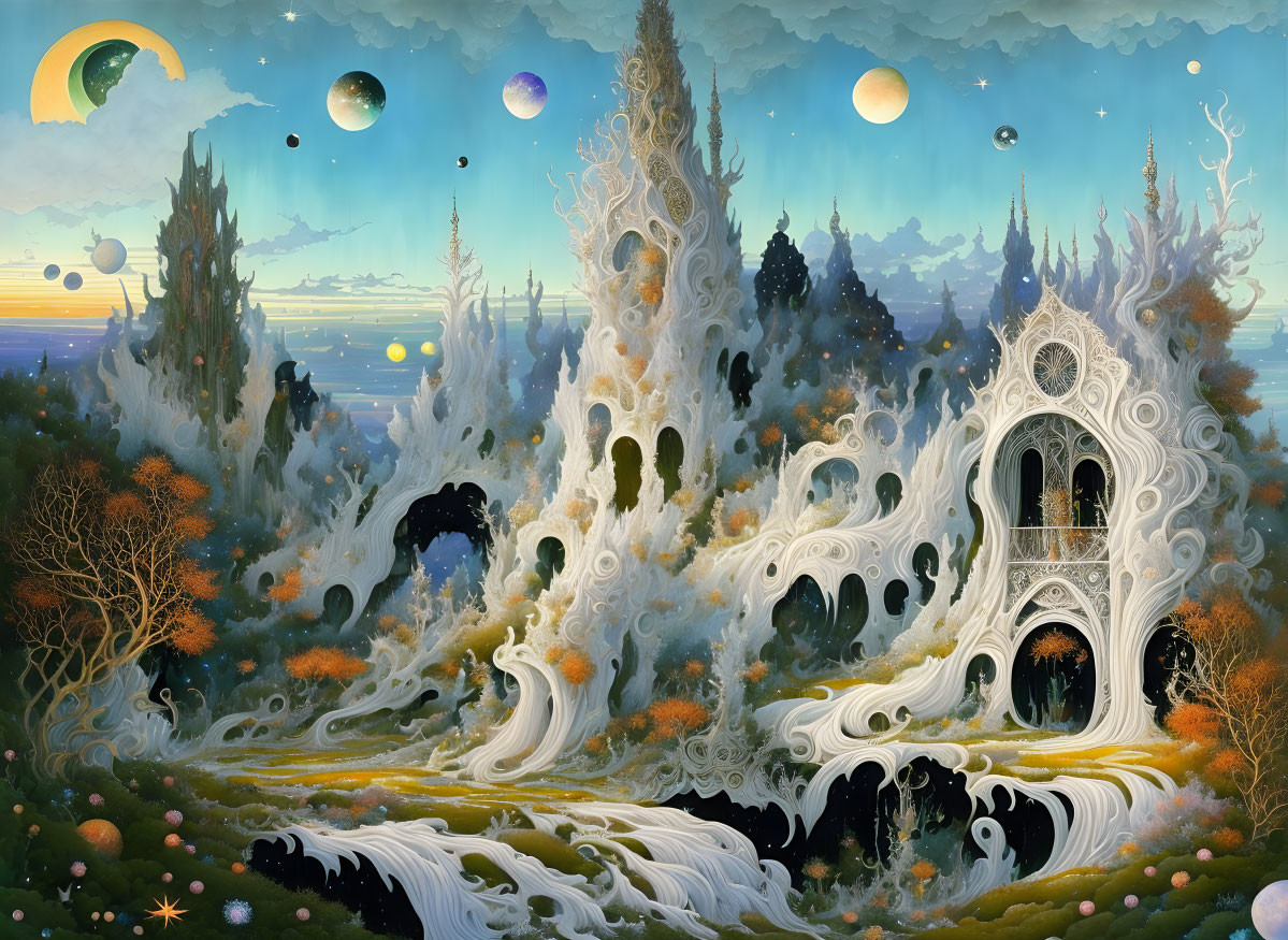 Fantasy landscape with tree-like structures, river, moons, and planets