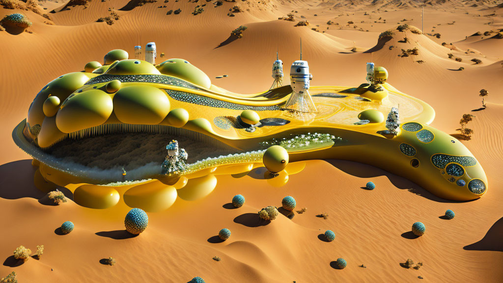 Futuristic organic-shaped building in desert landscape with domes and spires