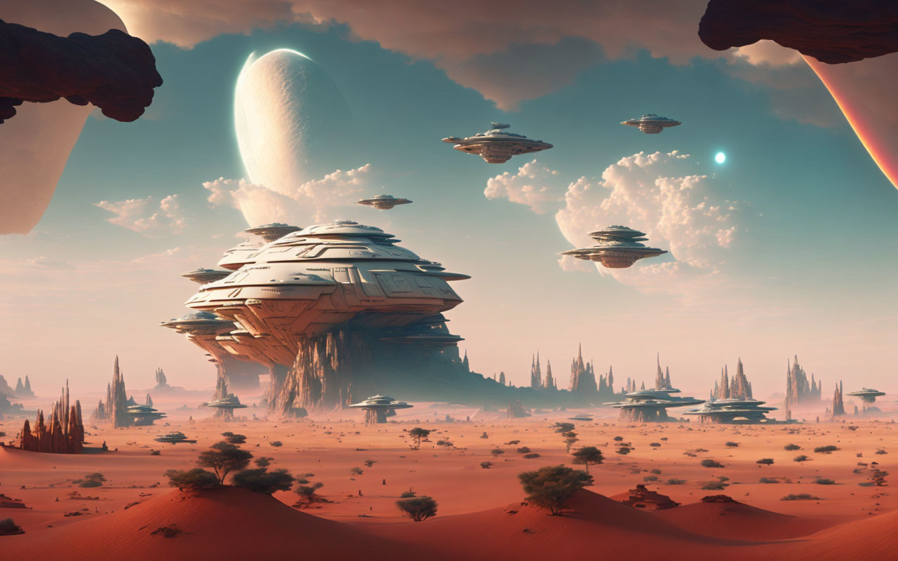 Sci-fi desert landscape with floating alien ships and central structure