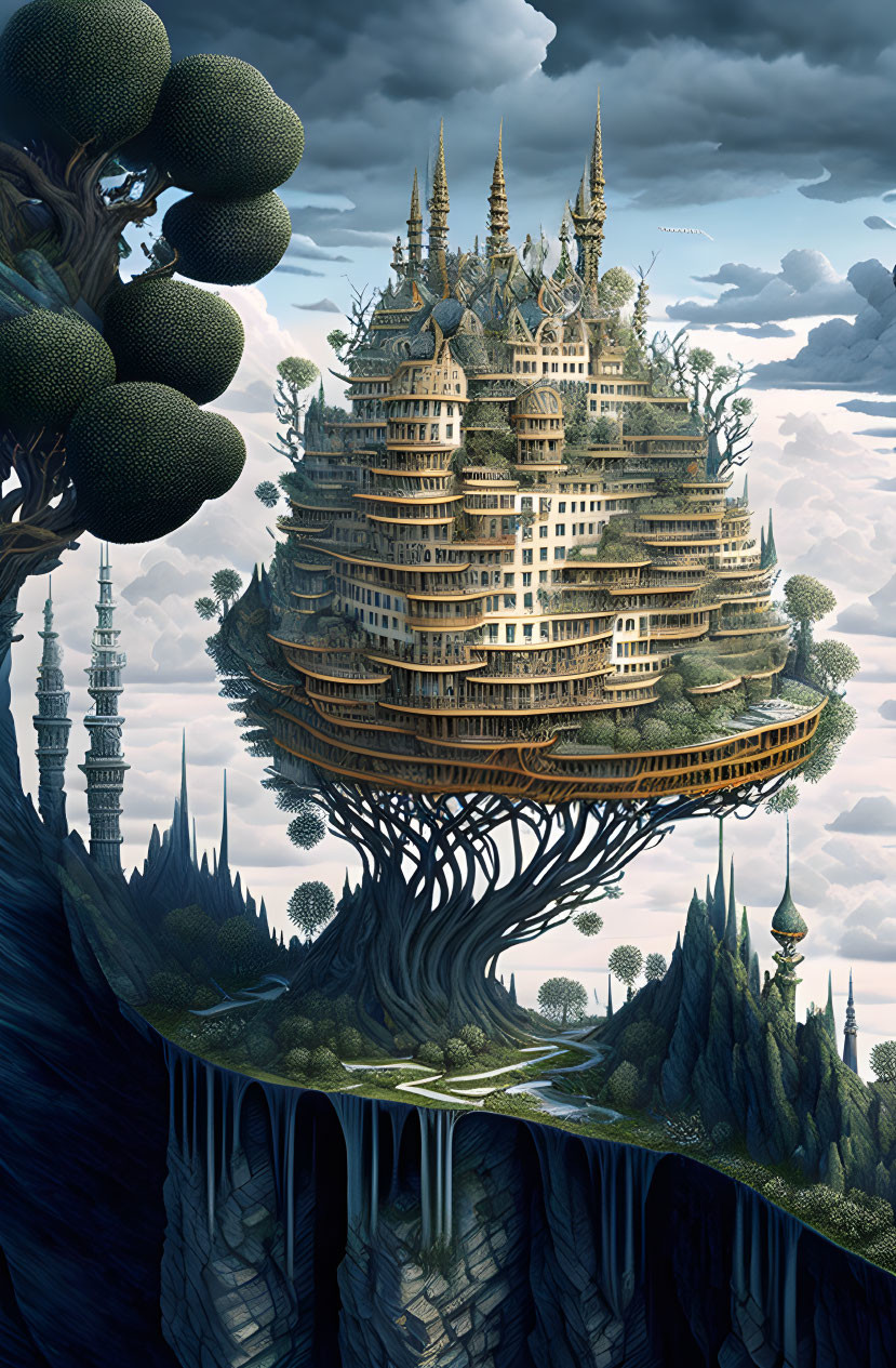 Fantastical tree supporting multi-tiered palace in dreamy landscape