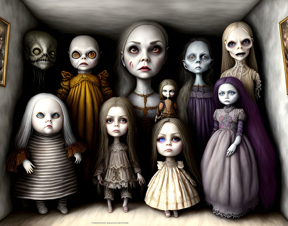 Gothic-style doll-like characters in dimly lit room