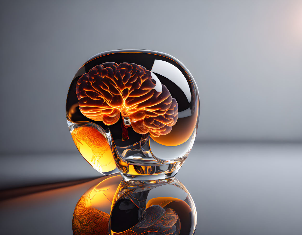 Transparent Glass Apple with Orange-Hued Human Brain on Gray Background