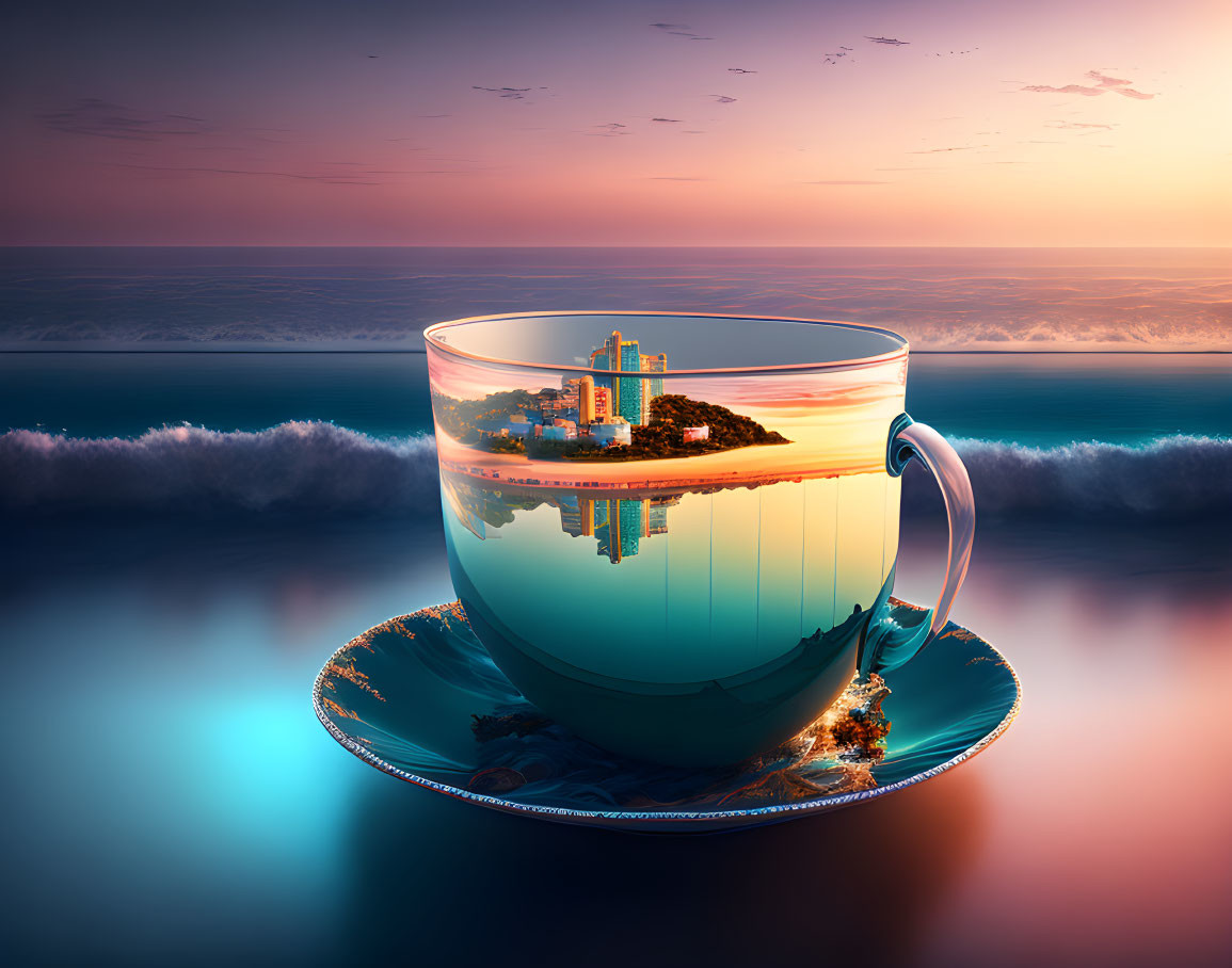 Transparent Tea Cup with Ocean Landscape and Cityscape at Sunset