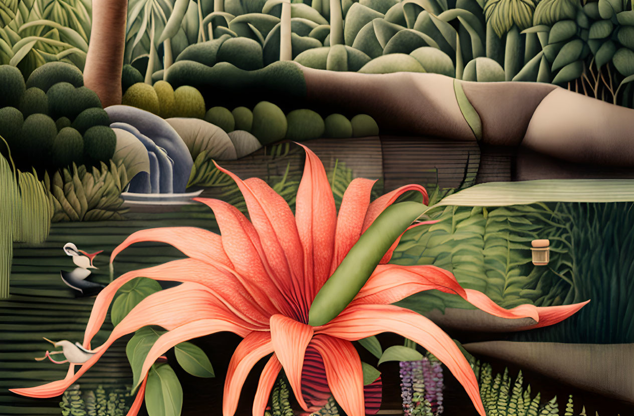 Illustration of lush garden with oversized red flower, pond, and green hills.