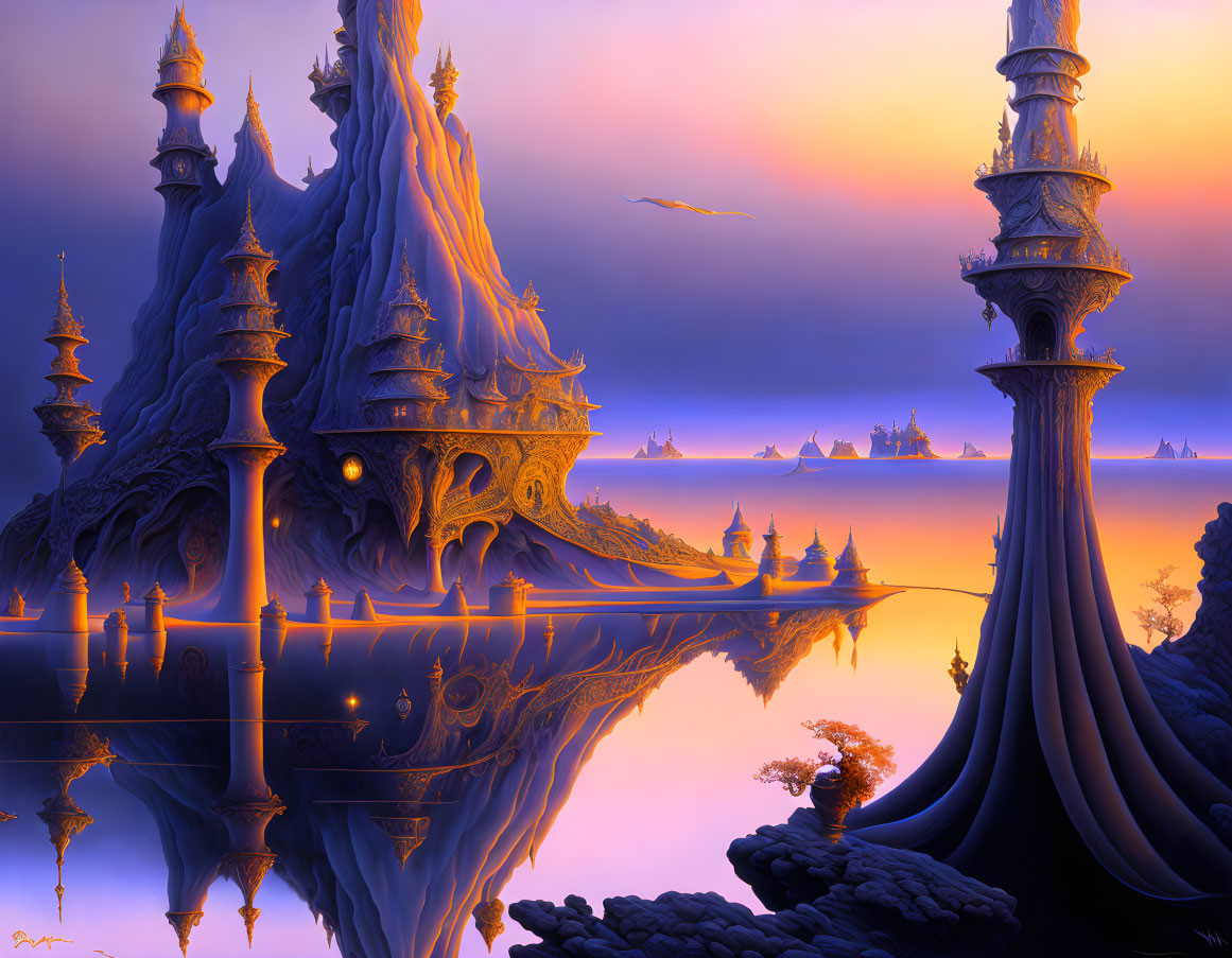 Fantasy landscape with towering spires and castles by reflective water at twilight