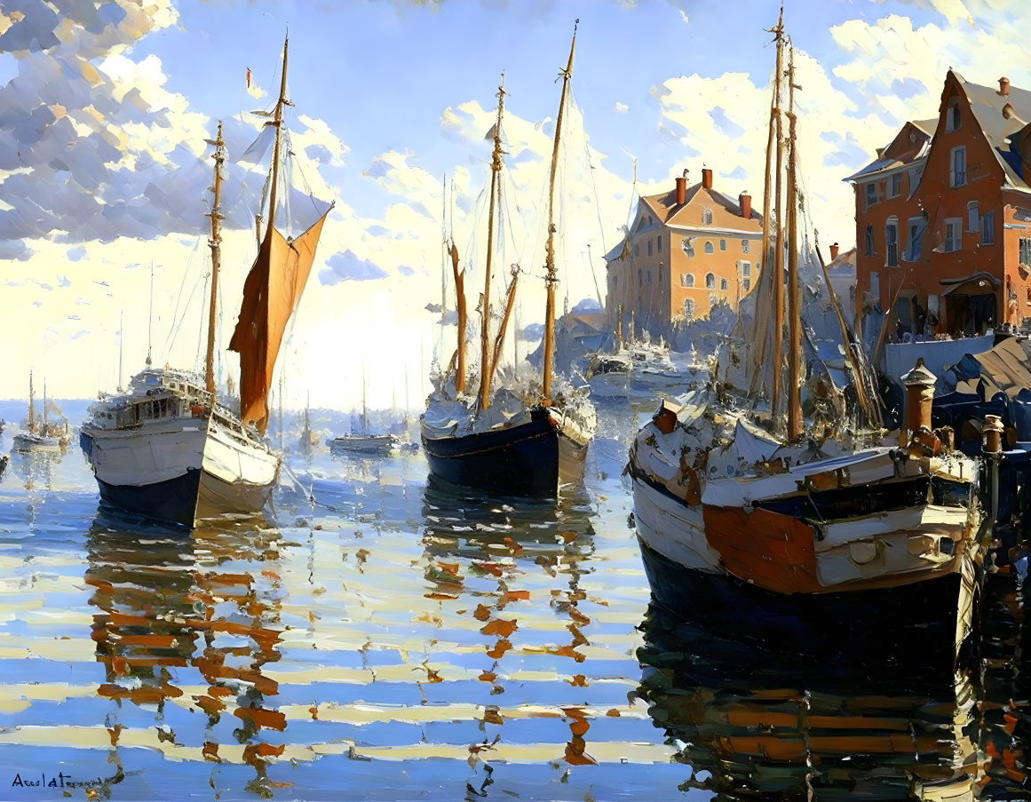 Harbor scene with sailboats, reflections, blue sky, and coastal buildings.