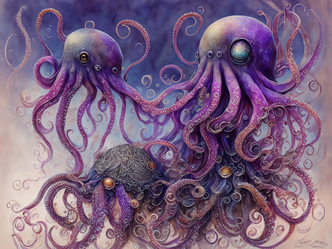 Stylized octopuses with intricate patterns in celestial purples and blues