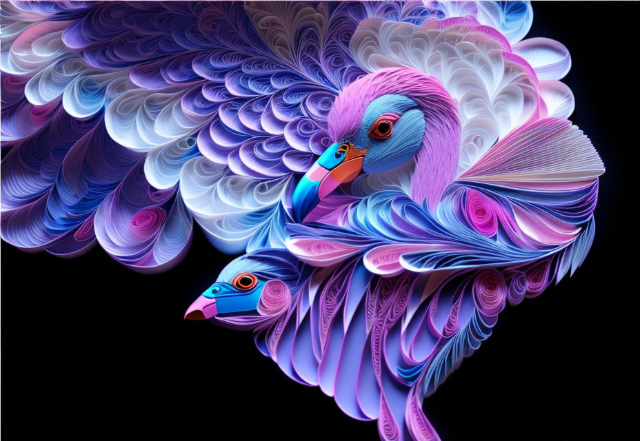 Colorful digital artwork: Two stylized birds with intricate feather patterns on black background