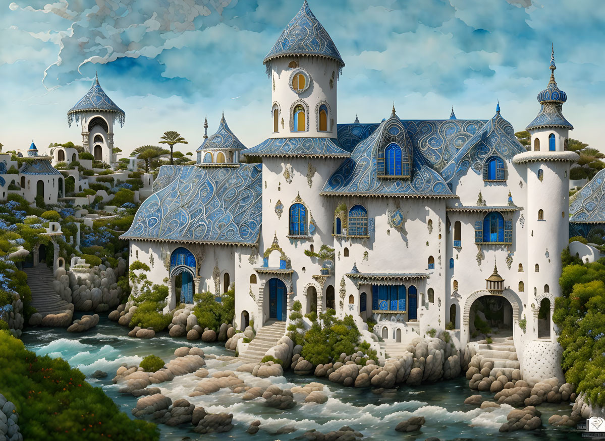 Fantastical Castle with Blue Patterns Surrounded by Nature