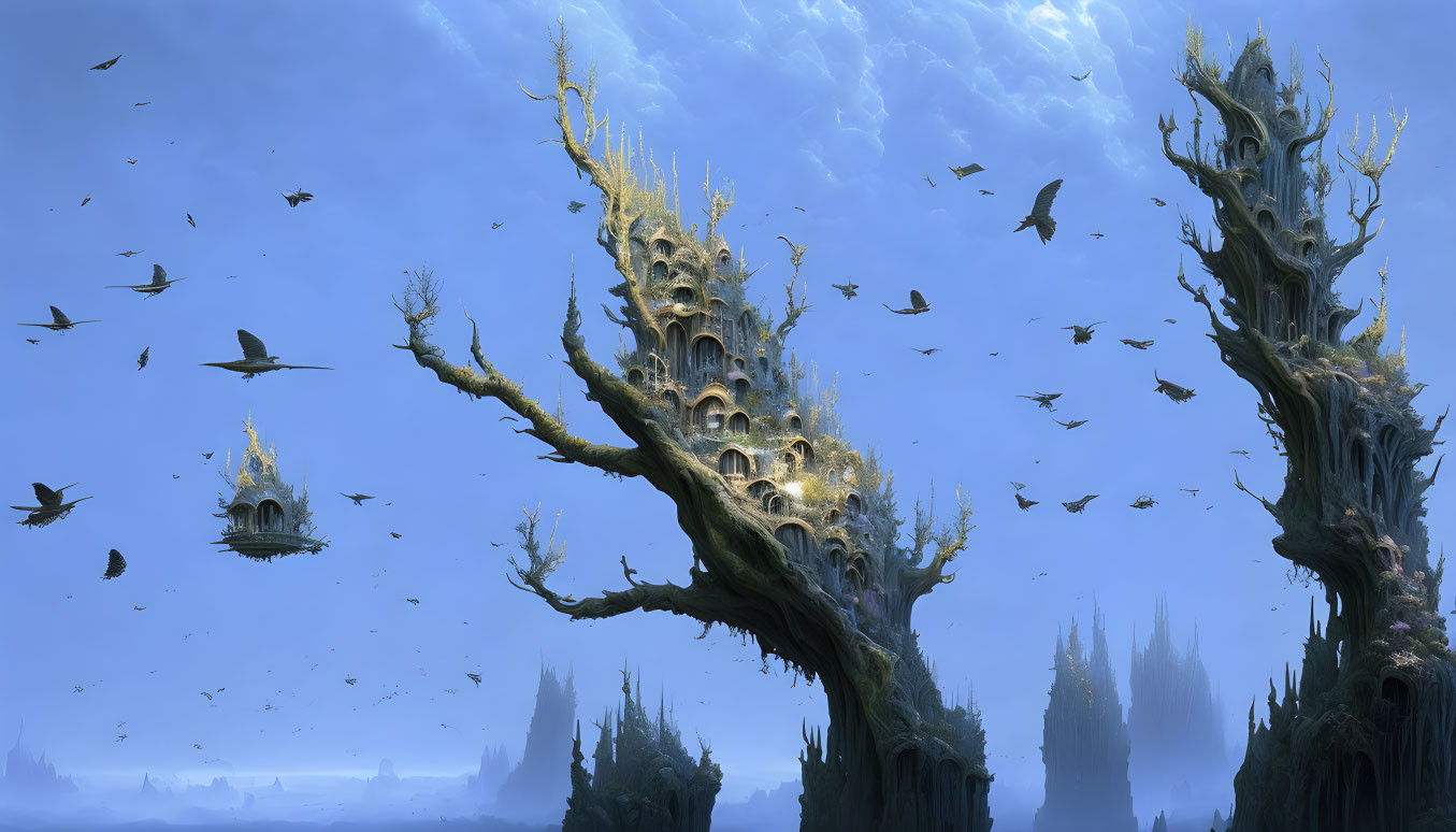 Majestic tree-like structures, bird-like creatures, and floating islands in a hazy sky