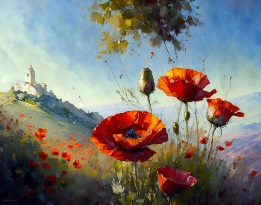 Vibrant painting: Red poppies, lush countryside, distant church