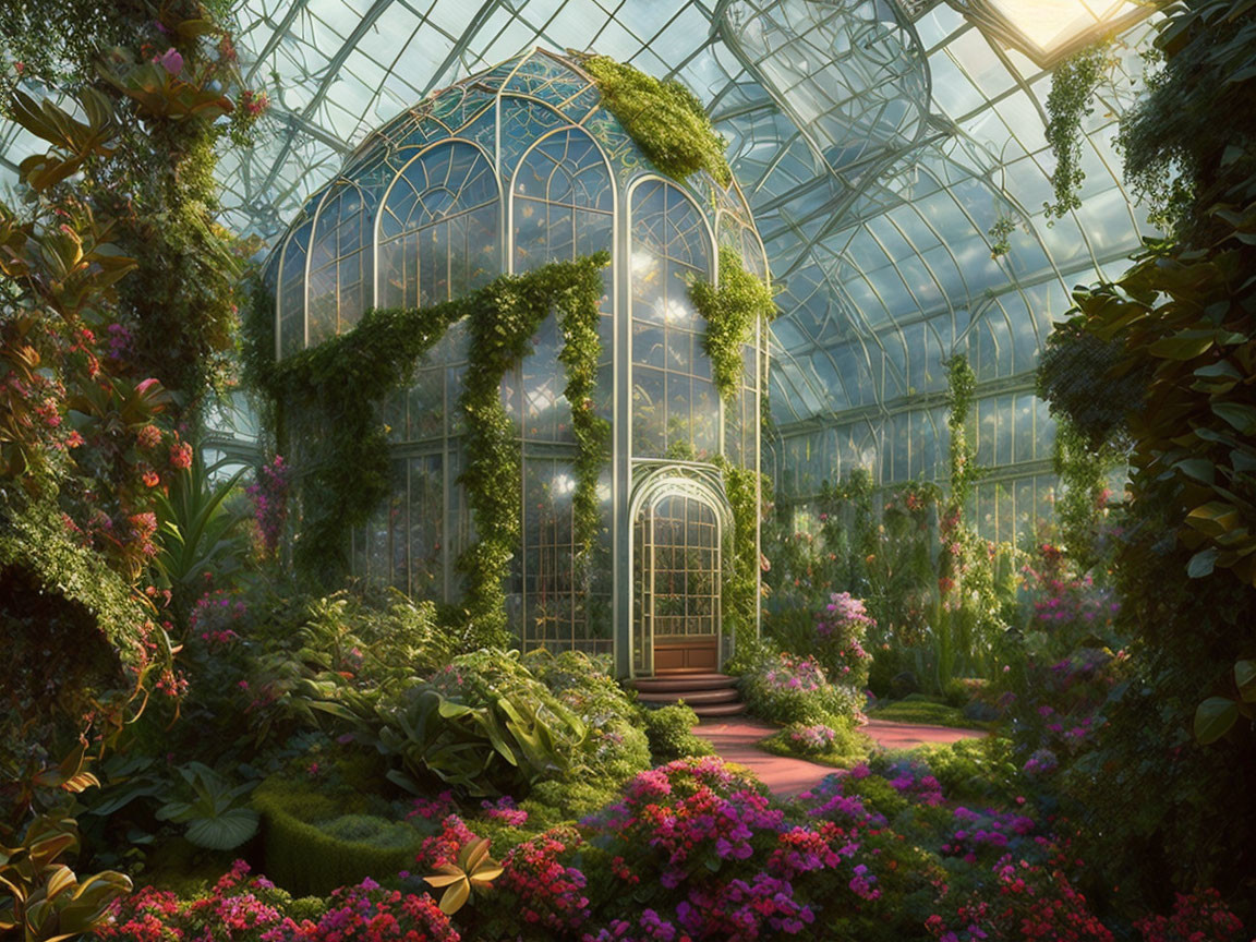 Vibrant Flowers and Greenery in Sunlit Greenhouse