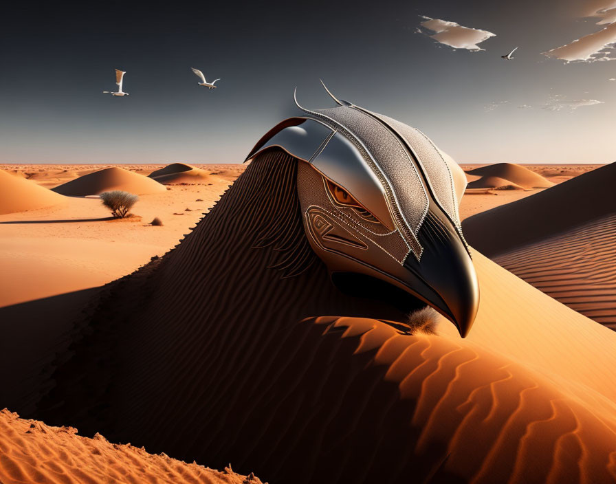 Eagle's Head Merging with Sand Dunes and Birds in Clear Sky