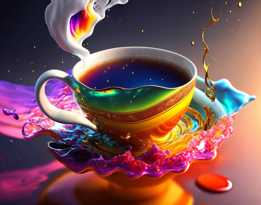 Colorful surreal cup with splashing coffee in rainbow hues