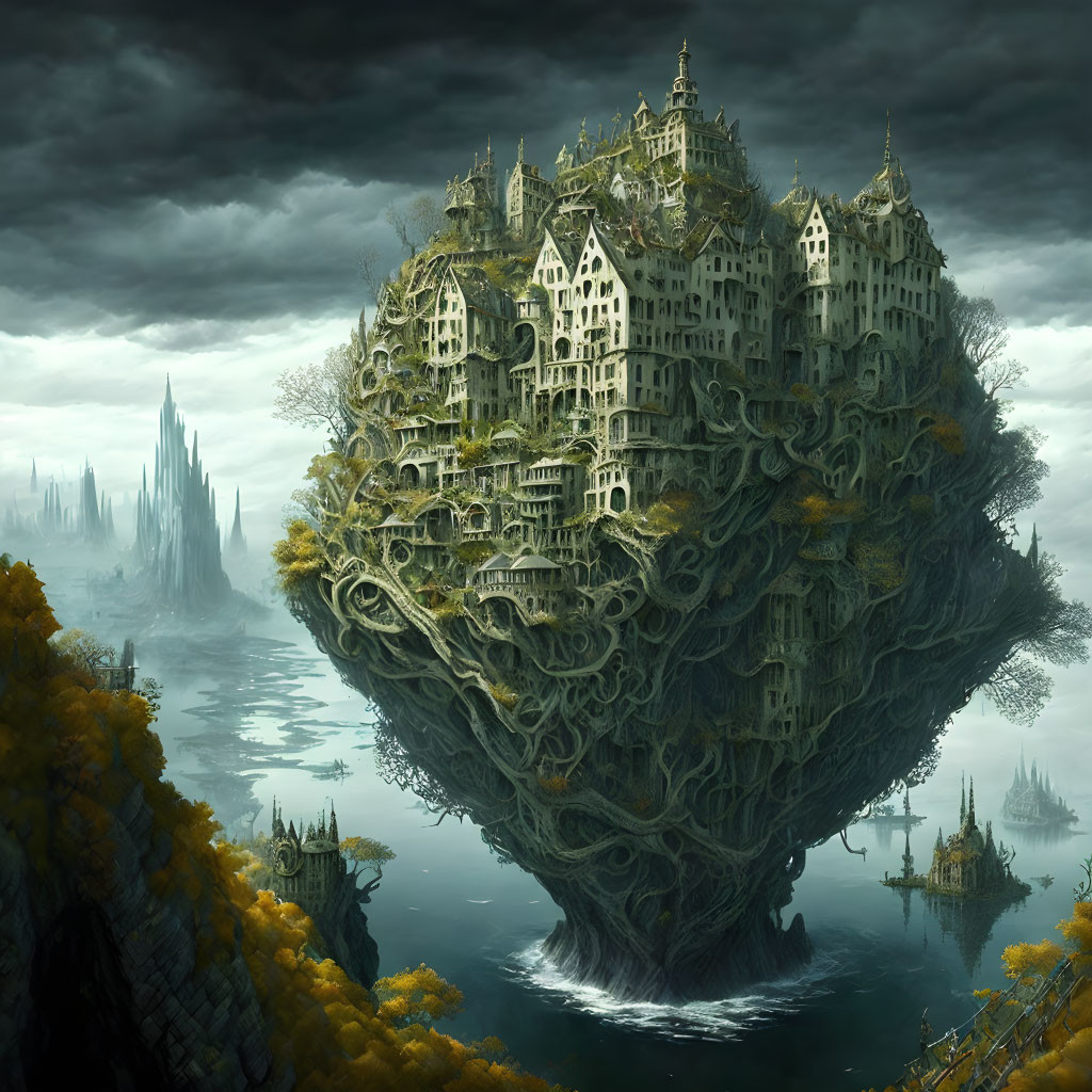 Fantastical floating island with gothic structures in misty landscape