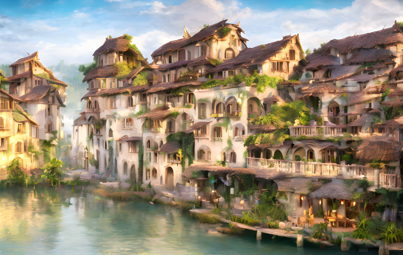 Traditional waterside village with terraced houses and lush greenery.