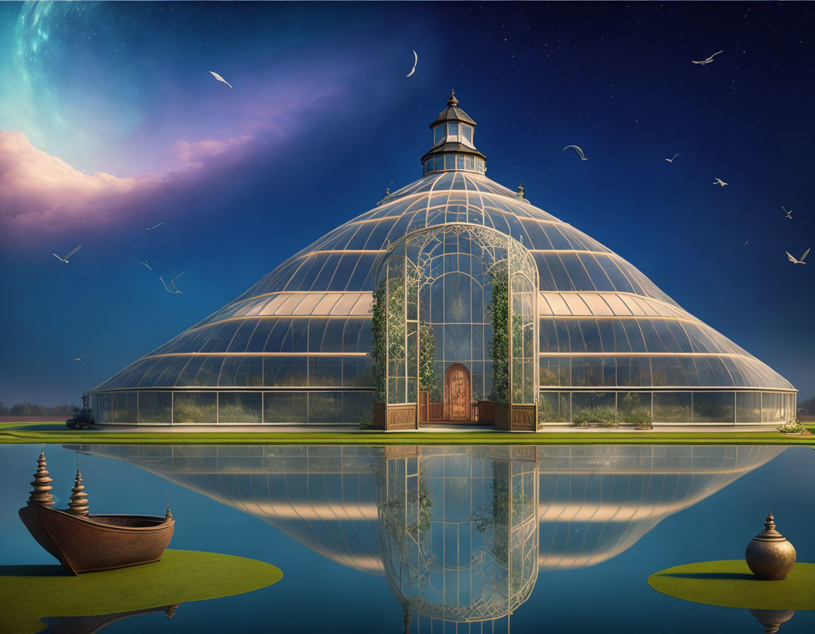 Glass-domed structure reflects on tranquil water under twilight sky with shooting stars, birds, boats, and