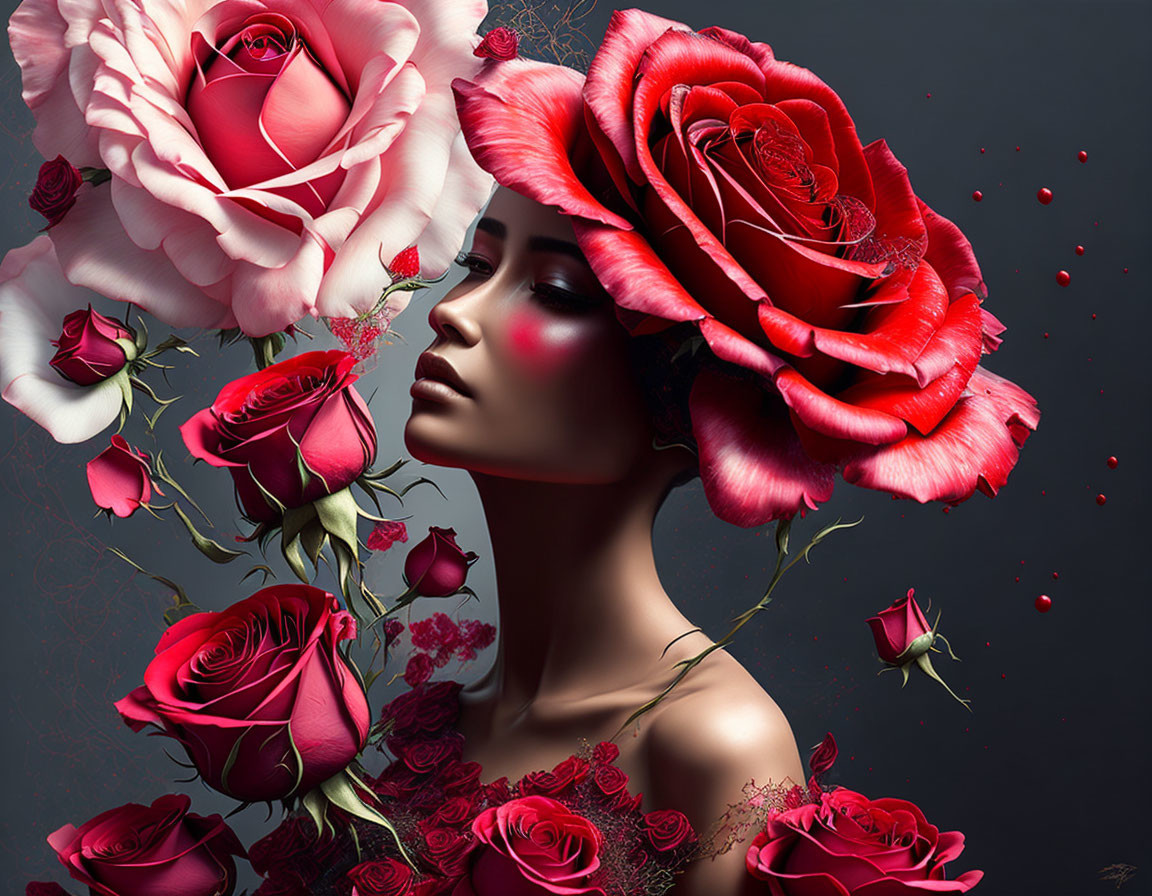 Woman in surreal red rose arrangement: romantic and artistic vibe