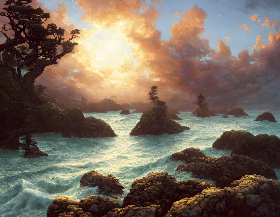 Rugged cliffs and choppy waters in dramatic sunset seascape