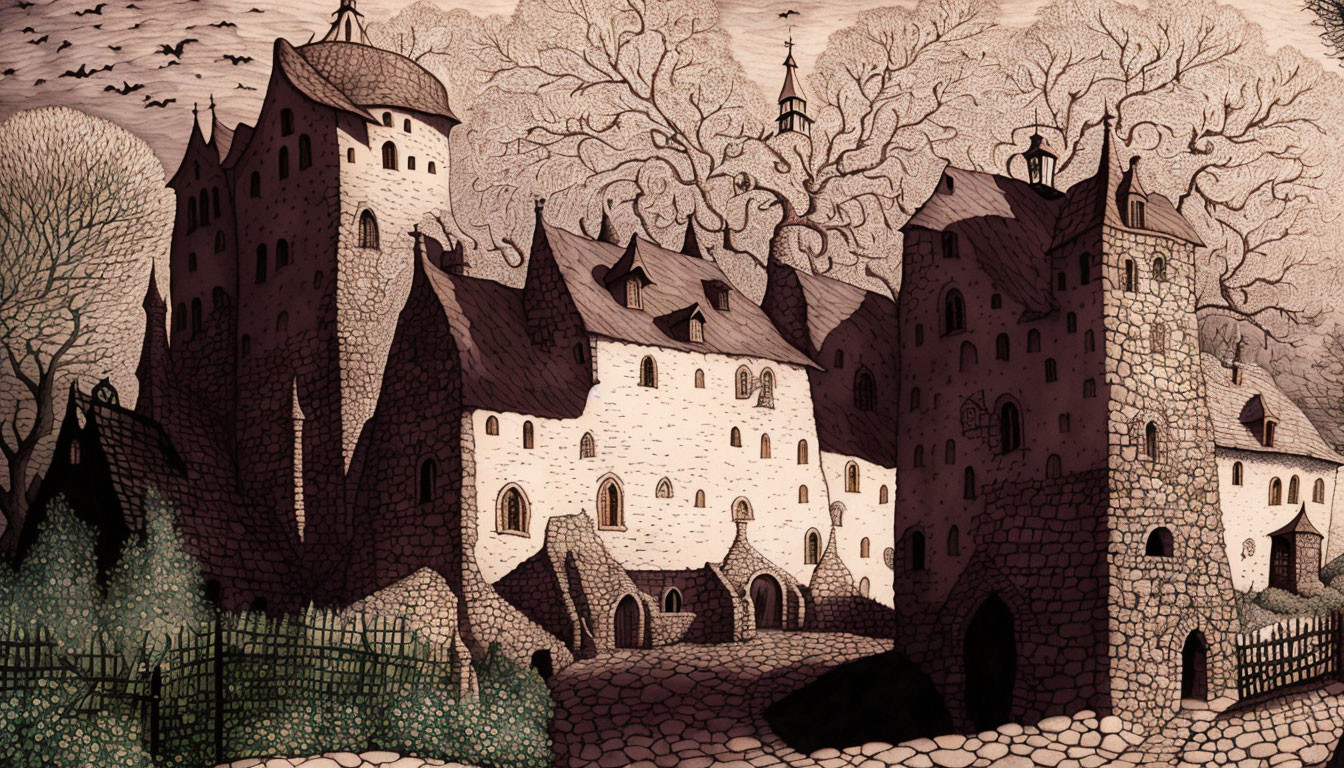 Detailed Medieval Castle Illustration in Forest Setting