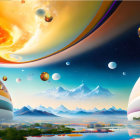 Surreal landscape with swirling clouds, moons, planets, colorful sky