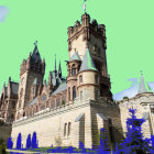 Elaborate fantasy castle in lush green hills under a blue sky