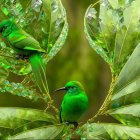 Vibrant green birds on branches with emerald leaves and crystals