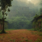 Children playing in misty forest under sunlight rays