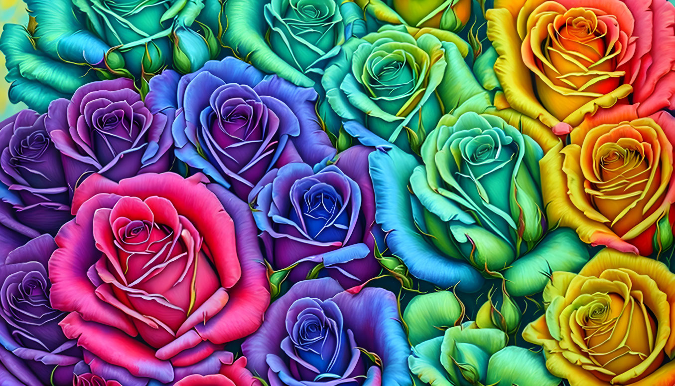 Stylized blue, green, pink, and yellow roses in vibrant array