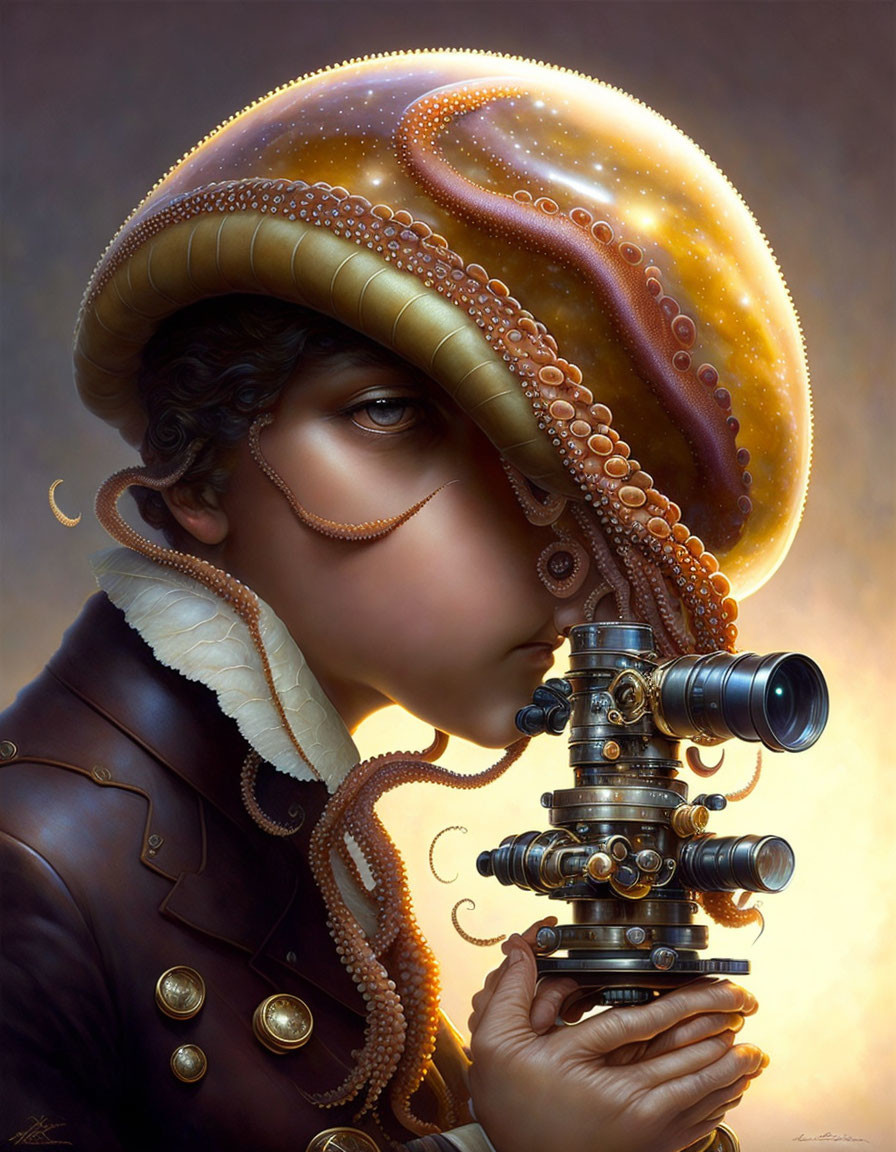 Surreal portrait: person with octopus, binoculars, glowing backdrop