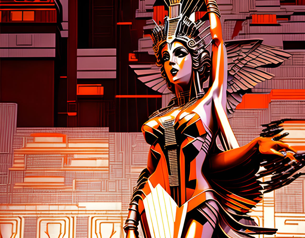 Elaborate winged costume on futuristic female figure against digital backdrop