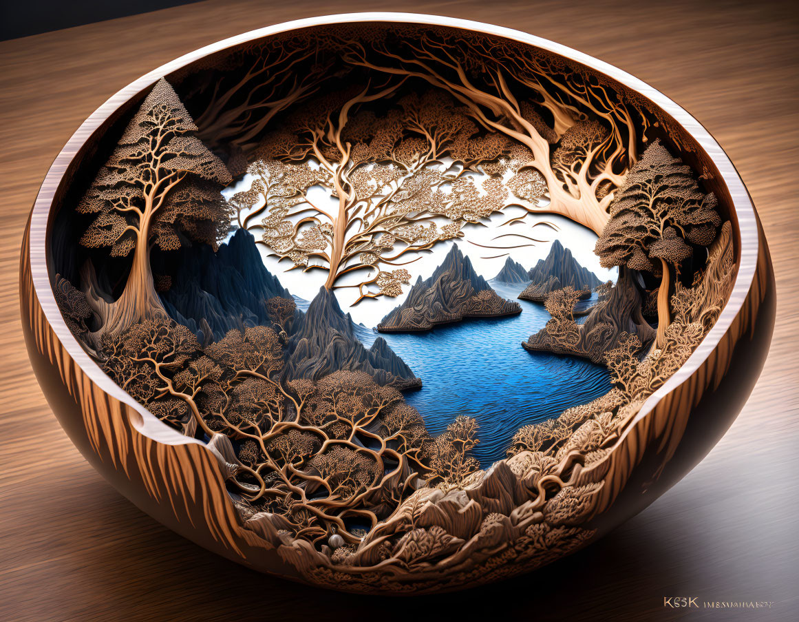 Circular 3D Artwork of Landscape with Trees and Mountains in Wooden Frame