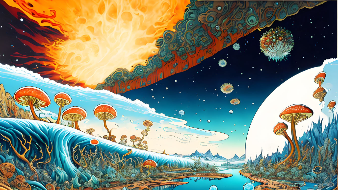 Surreal landscape with oversized mushrooms, flowing water, mountains, day to night sky